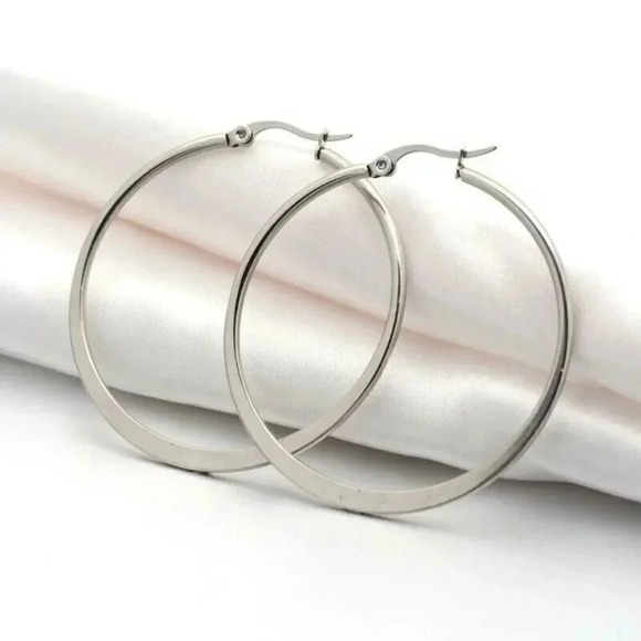 Surgical Stainless Steel Bladed Round 47x45mm Silver Hoop Earrings - Picture 1 of 1
